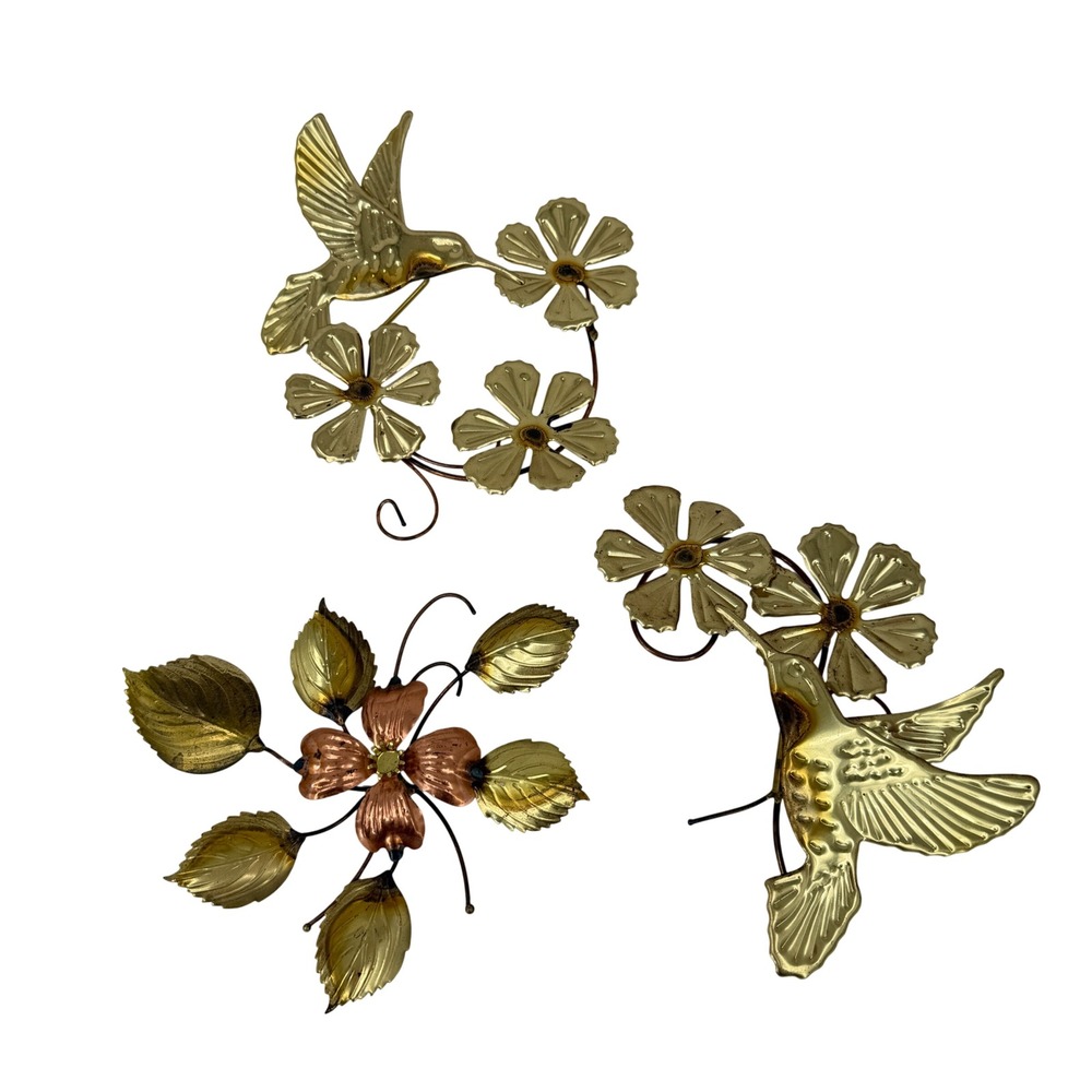 Vintage Hummingbird Flower 3 Metal Wall Art Gold Brass Tone MCM Home Interiors